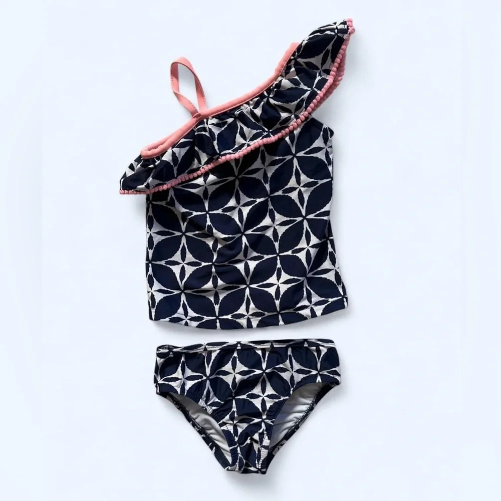 Carter’s Geometric Print Ruffle Tankini Navy/White Girls Size 3T Swimsuit Bikini